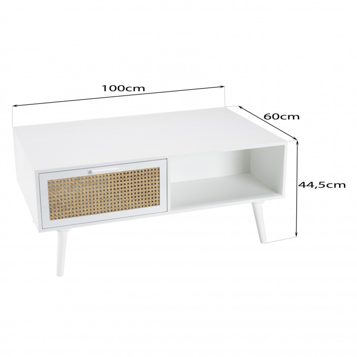 SANDRO - Table basse blanche 2 tiroirs 1 niche cannage naturel