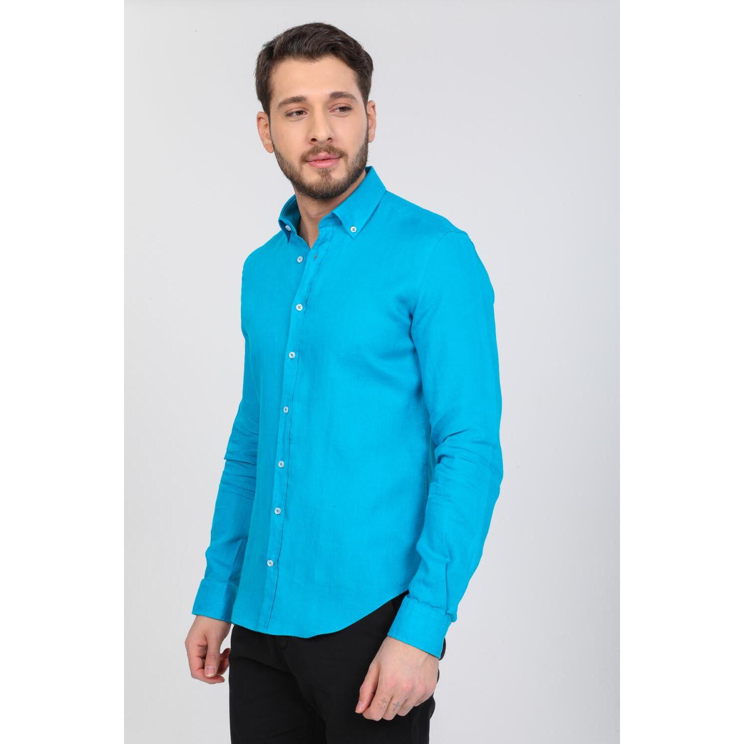 Camicia Uomo 1 Bottone Button Down Slim Lino Unito Turchese