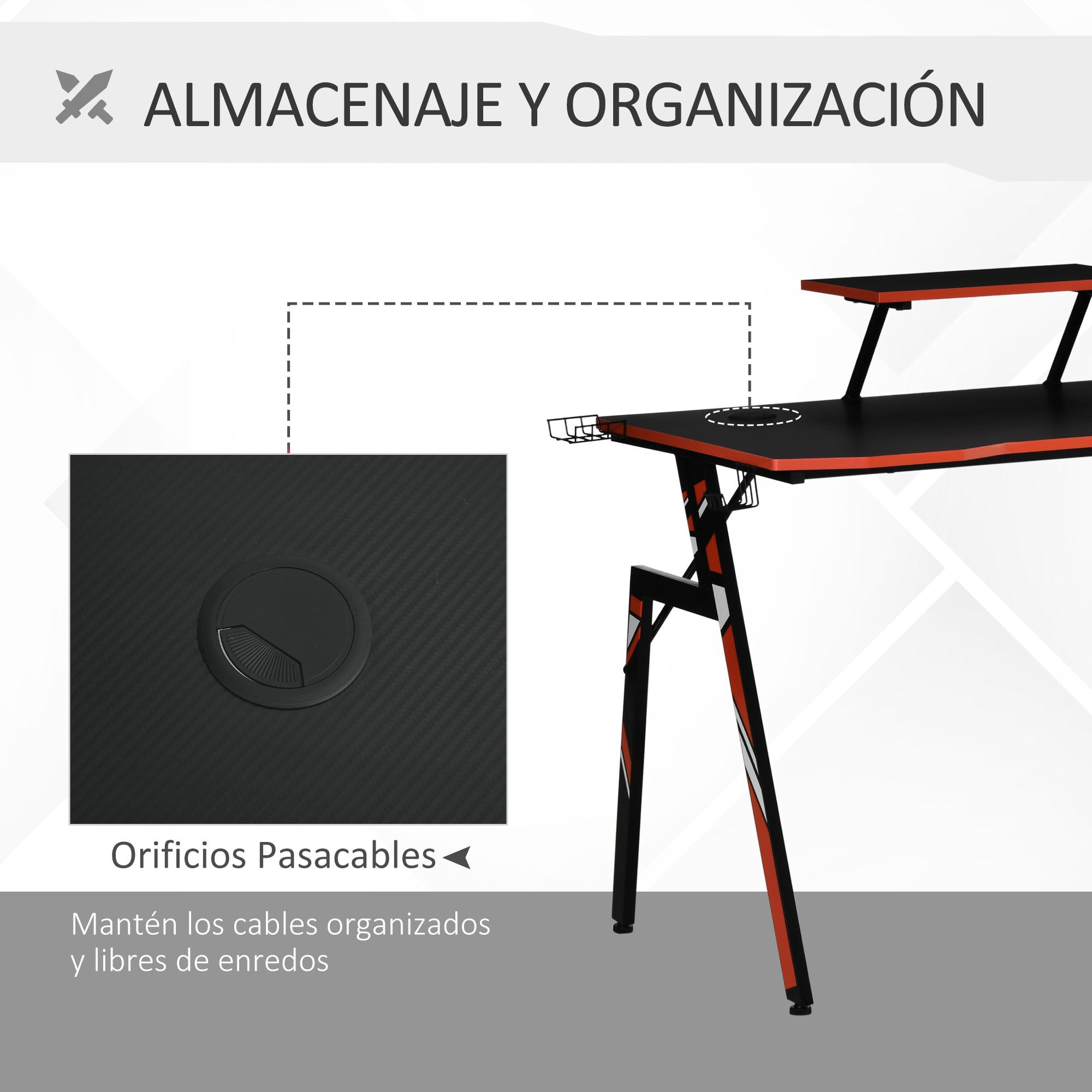 HOMCOM Mesa Gaming para Computadora PC Ergonómica Escritorio con Soporte para Monitor y Altavoz Portavasos Gancho para Auriculares Fibra de Carbono 120x60x94,5 cm Negro