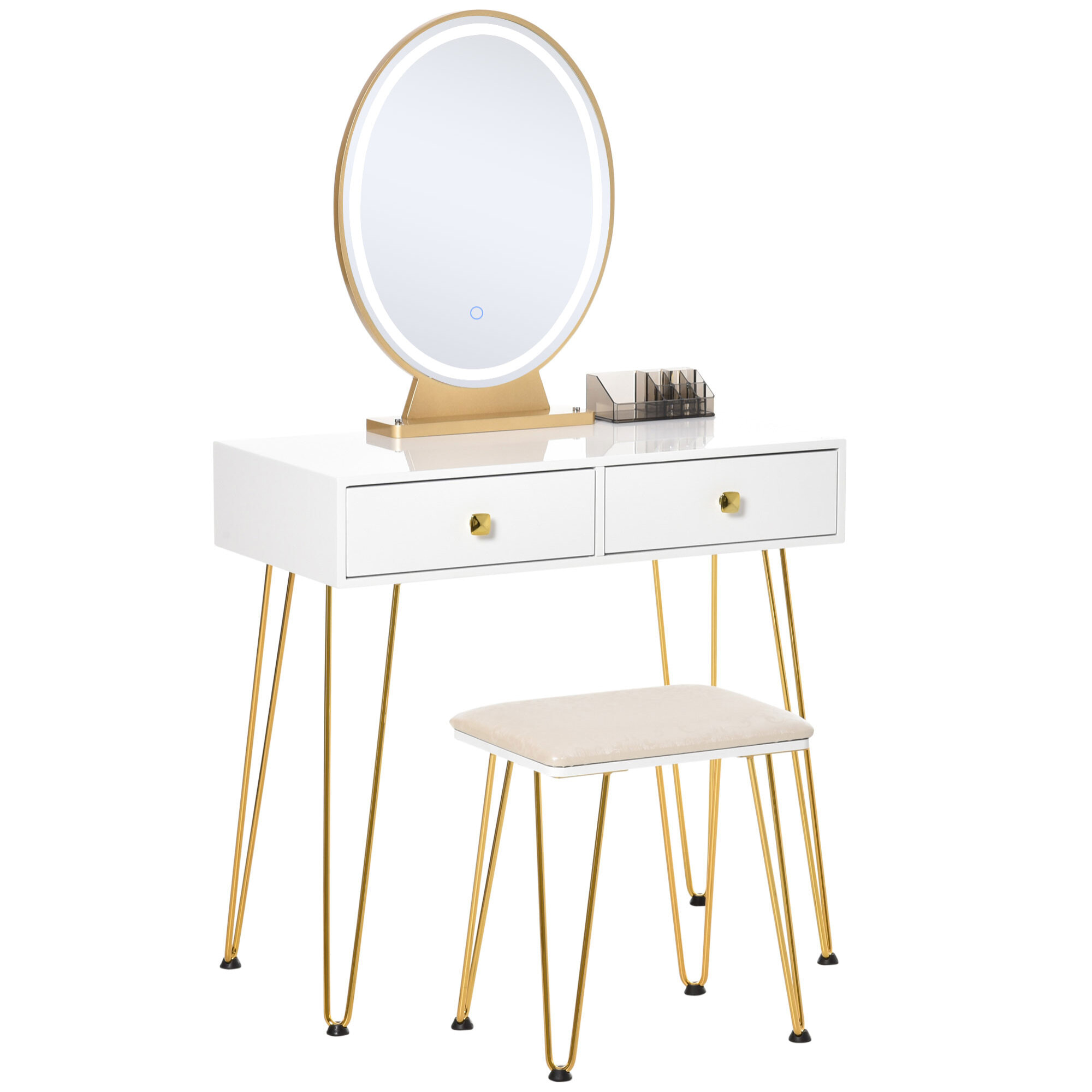 Coiffeuse design - miroir LED intégré - 2 tiroirs + 1 organisateur - tabouret inclus - métal noir MDF banc doré