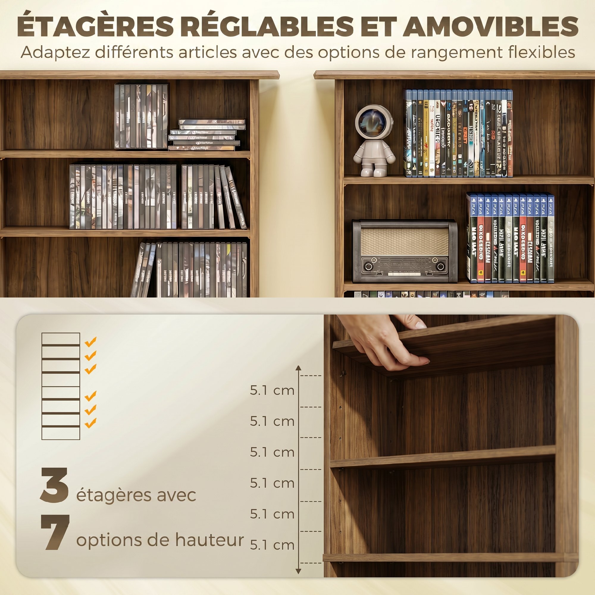 Étagère range CD - meuble rangement CD DVD - 8 compartiments, 6 étagères réglables - effet bois