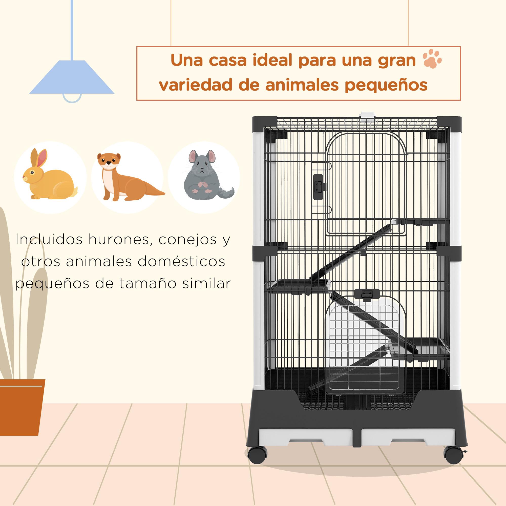 Jaula para Animales Pequeños con Ruedas 114x75x50 cm Valla para Mascotas con 3 Plataformas 3 Rampas Bandejas Extraíbles para Hurones Conejos Negro