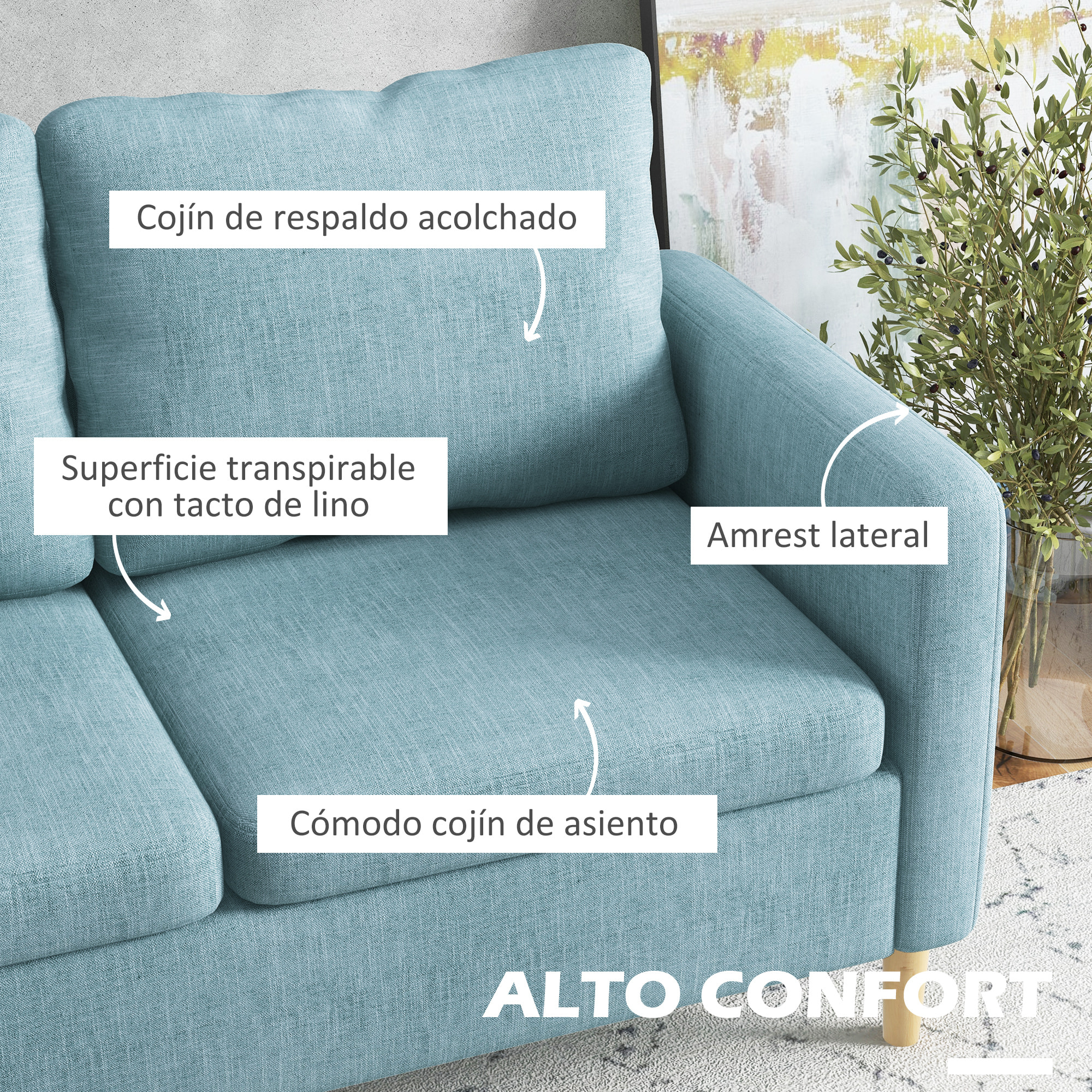 Sofá de 2 Plazas Sillón Moderno Tapizado en Poliéster con 2 Bolsillos Laterales Reposabrazos y Patas de Madera para Dormitorio Oficina Carga 200 kg 143x76x83 cm Azul Claro