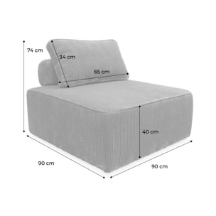 Lot de 3 chauffeuses pour canapé modulables velours côtelé gris clair avec un coussin