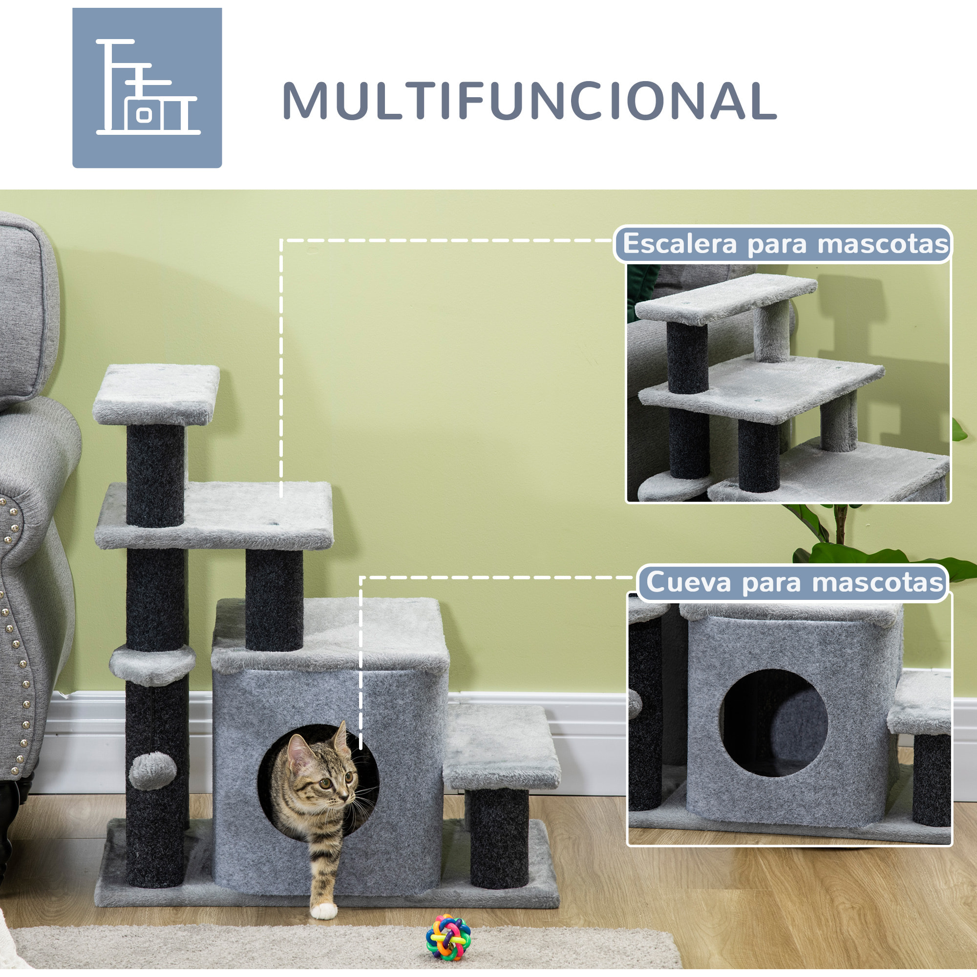 Escalera para Gatos de 4 Peldaños con Altura Ajustable Caseta Bola 60x40x66 cm