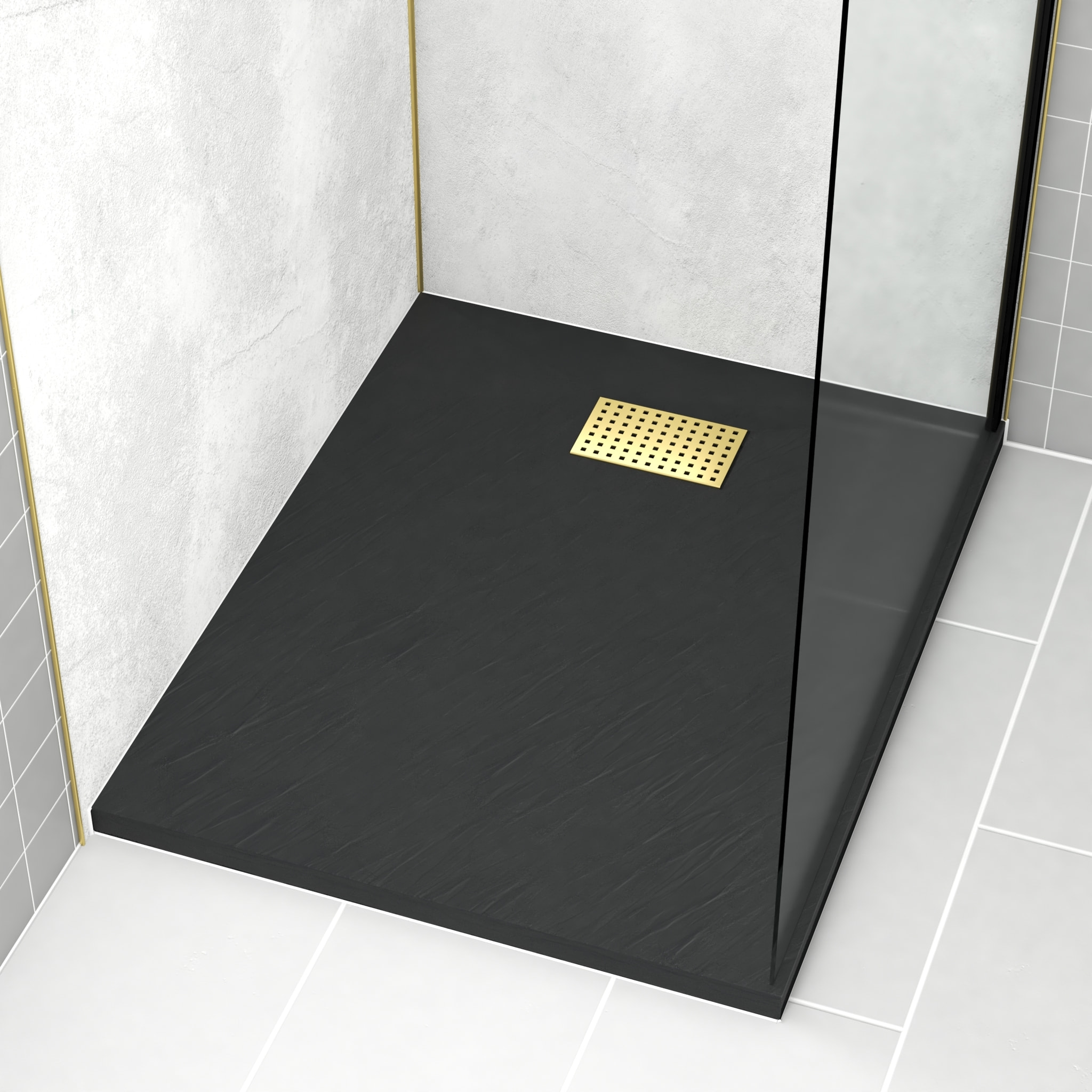 Receveur de douche Noir Effet Pierre 80x100 cm et Grille décor Perforée Or Doré Brossé