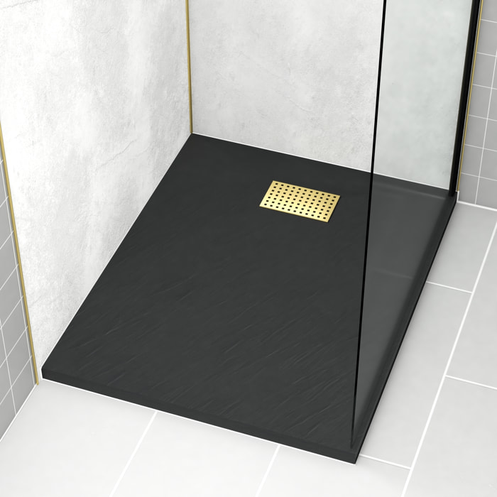 Receveur de douche Noir Effet Pierre 80x100 cm et Grille décor Perforée Or Doré Brossé