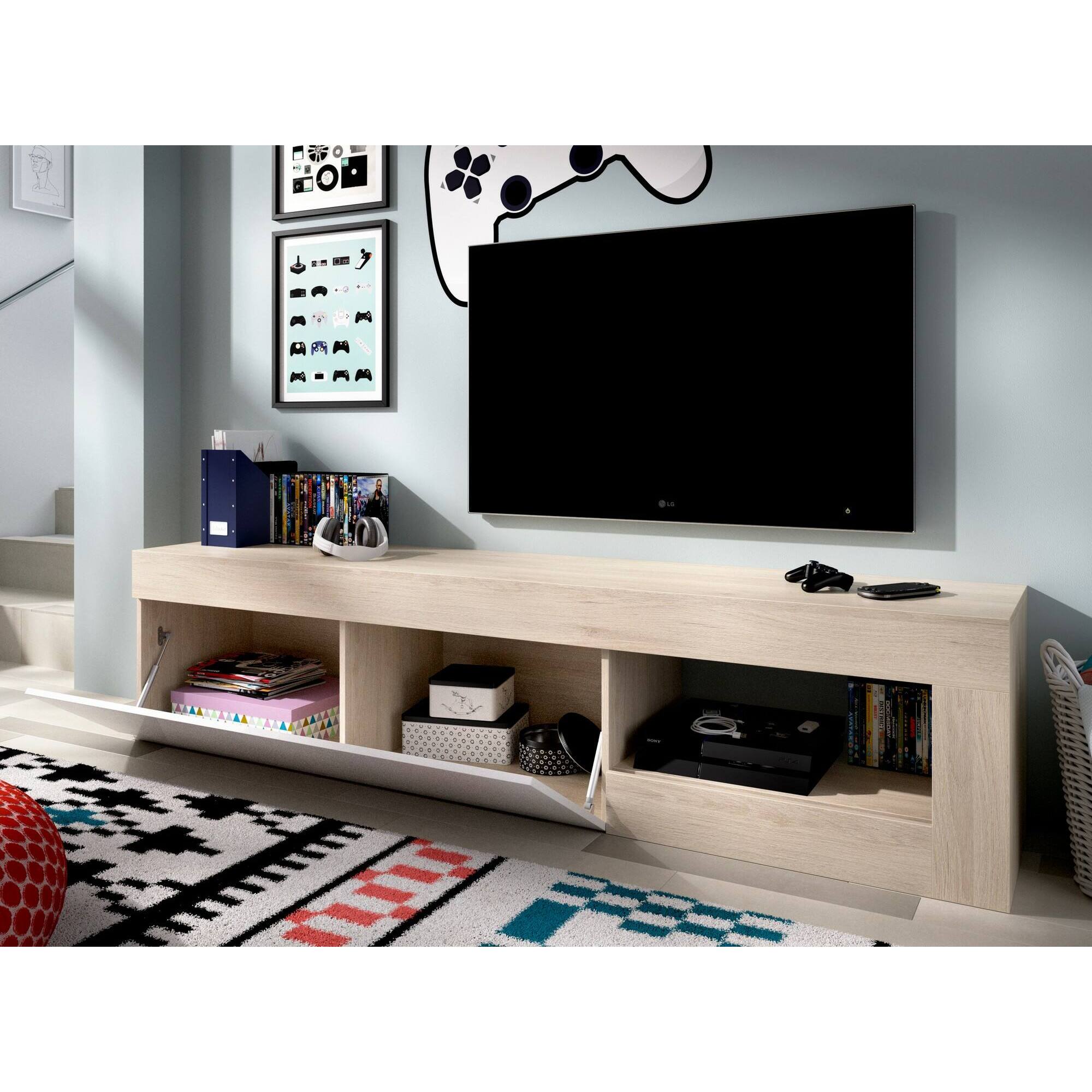 Mobile porta TV Averau, Credenza bassa da soggiorno, Madia da salotto per televisione, 204x42h48 cm, Rovere e Bianco