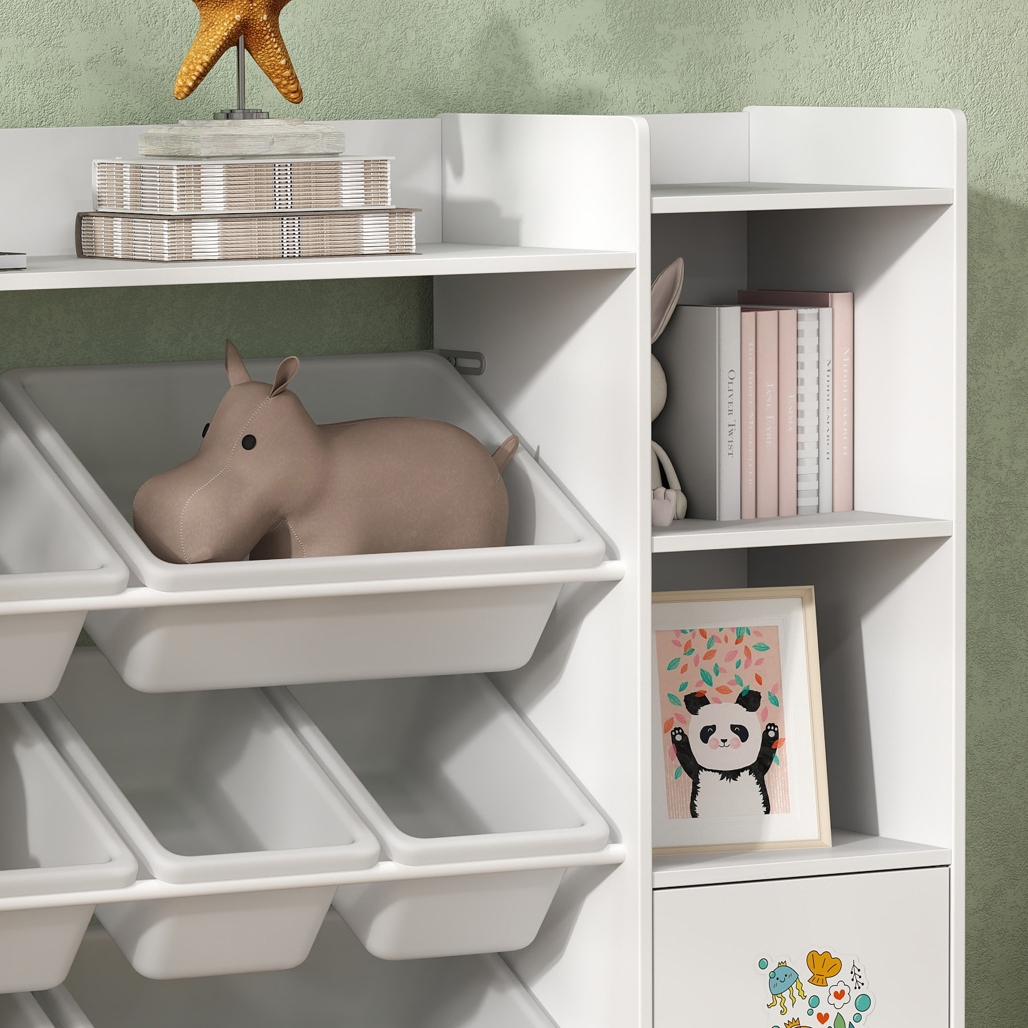 Bibliothèque enfant - rangement à bacs posés x 8 - 4 niches, 3 étagères, 2 portes - blanc