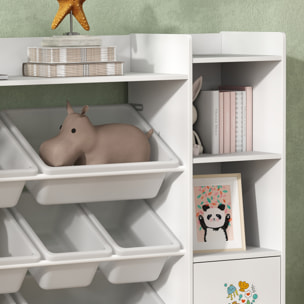Bibliothèque enfant - rangement à bacs posés x 8 - 4 niches, 3 étagères, 2 portes - blanc