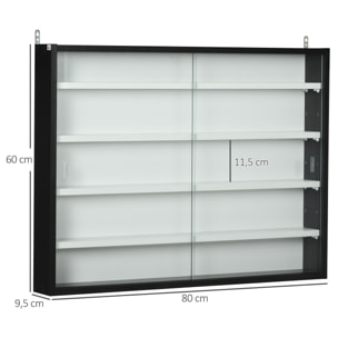 Vitrina de Pared Vitrina de Madera con Estantes Ajustables y 2 Puertas Correderas de Vidrio para Colecciones Perfumes Figuras de Decoración 80x9,5x60 cm Negro