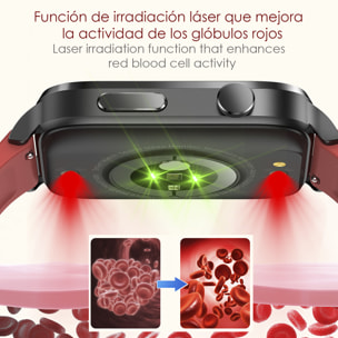 Smartwatch F100 con terapia de salud con láser de doble sonda. Monitor de O2, tensión y termómetro. Varios modos deportivos. Correa cuero.