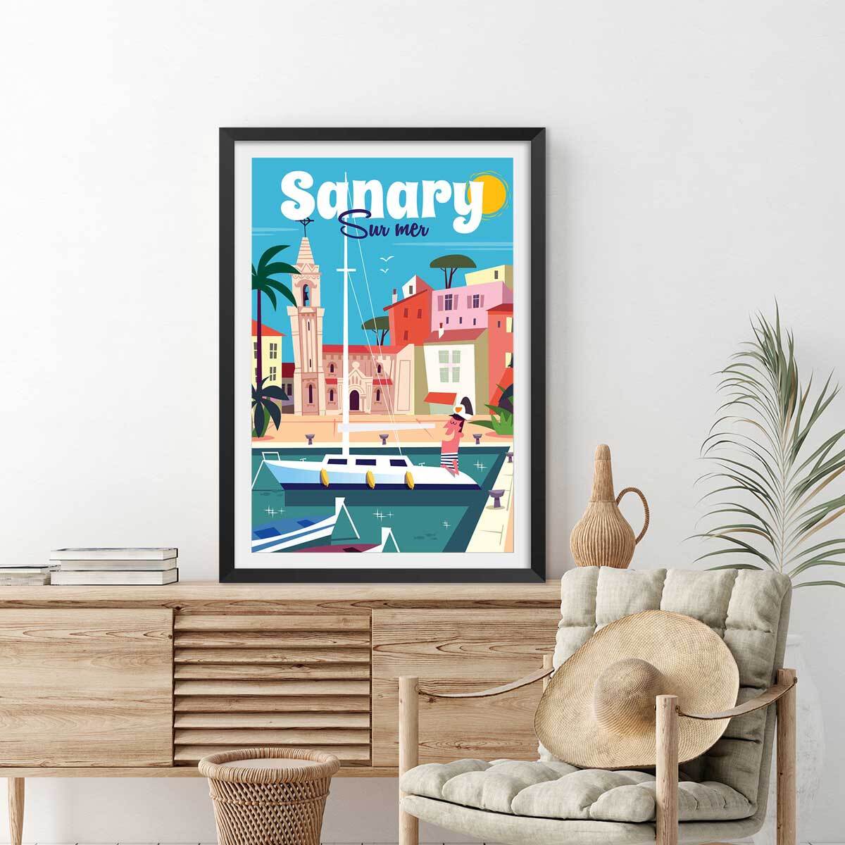 Affiche vacances à Sanary Affiche + cadre en bois - Noir