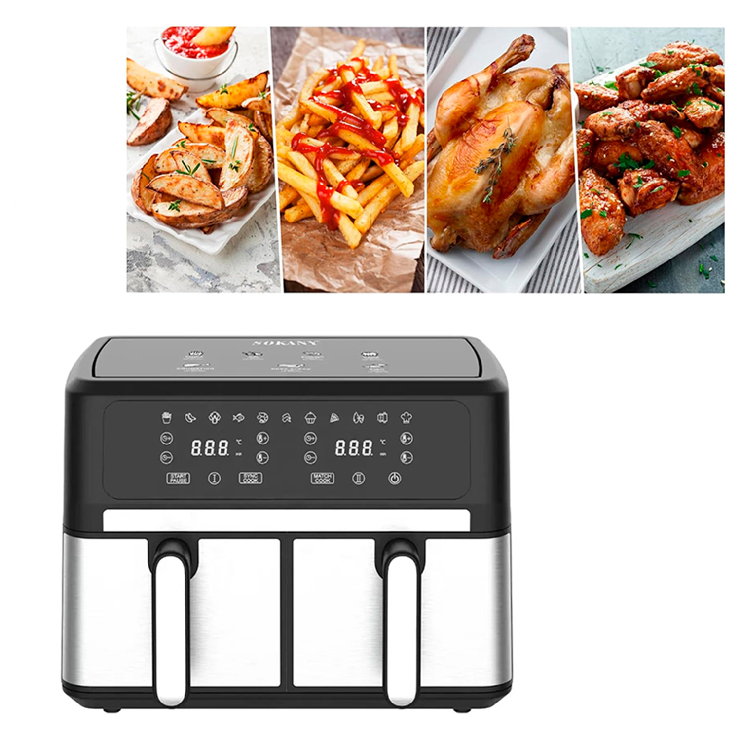 Freidora de aire sin aceite de 3000w doble cesta con 10L de capacidad totales. Panel digital multifunción con temporizador y alarma de finalización.
