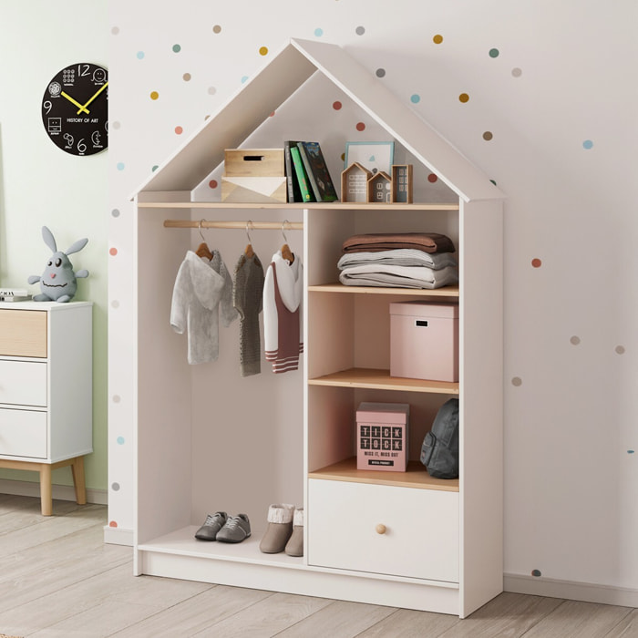 Penderie cabane enfant 1 tiroir en bois - LUCY