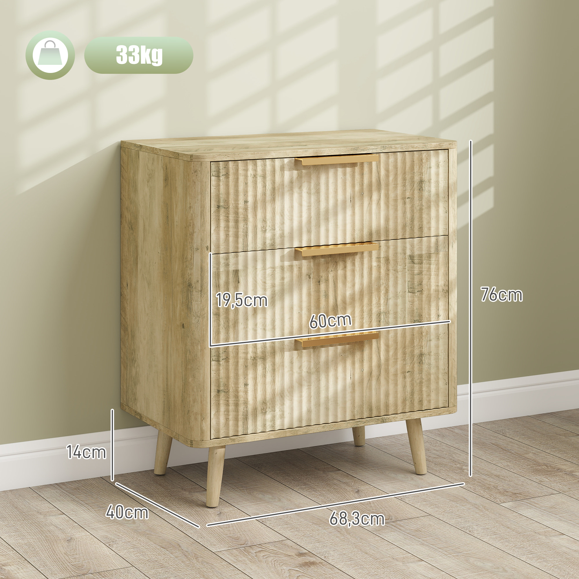 Commode 3 tiroirs effet bois façades cannelées poignées métal doré
