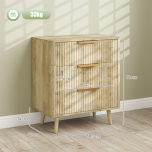 Commode 3 tiroirs effet bois façades cannelées poignées métal doré