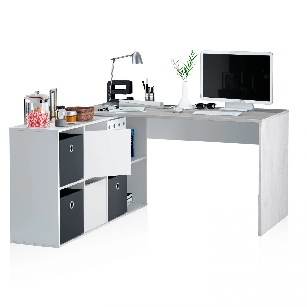 Mesa de escritorio Move Blanco Artik (Blanco Mate) - Gris Cemento