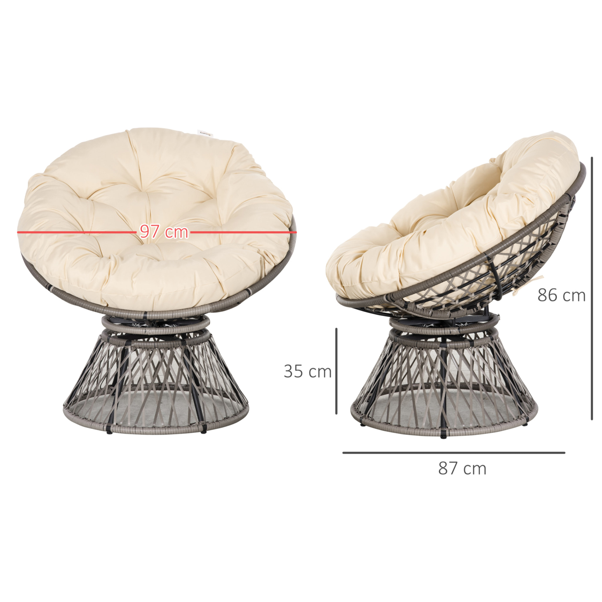 Sillón Papasan Giratorio de Ratán Sintético Silla Ovalada de Mimbre PE con Cojín y Marco de Acero Carga 160 kg para Jardín Patio Terraza 87x97x90 cm Gris y Crema