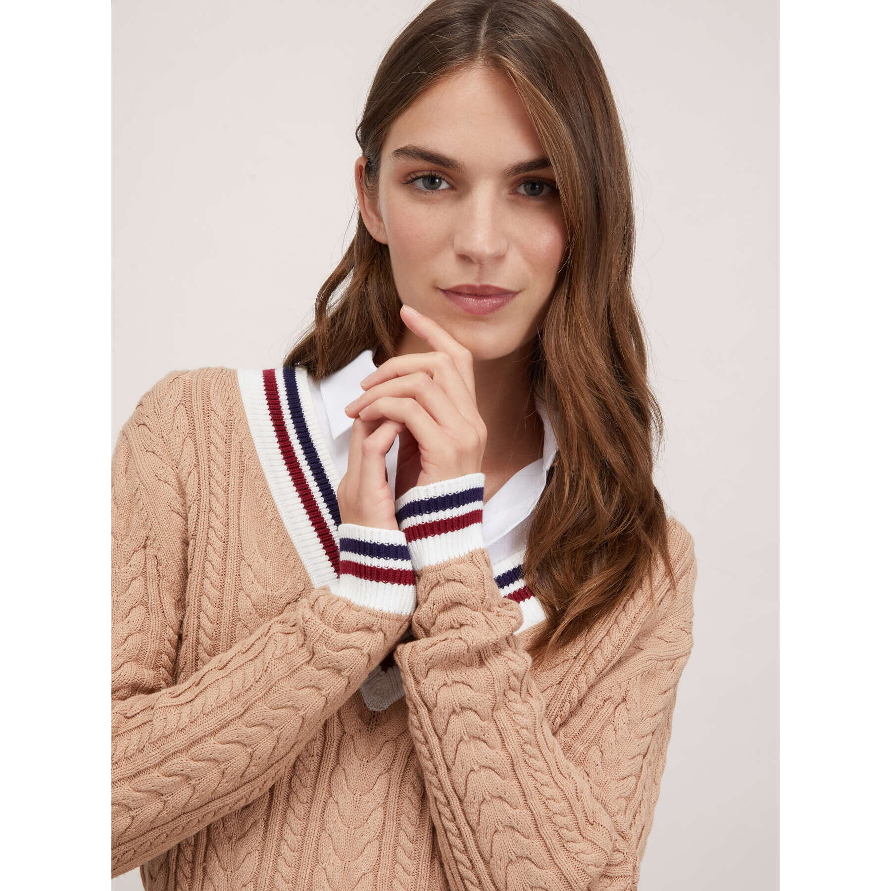 Motivi - Maglia pullover a trecce con bordi a righe - Beige