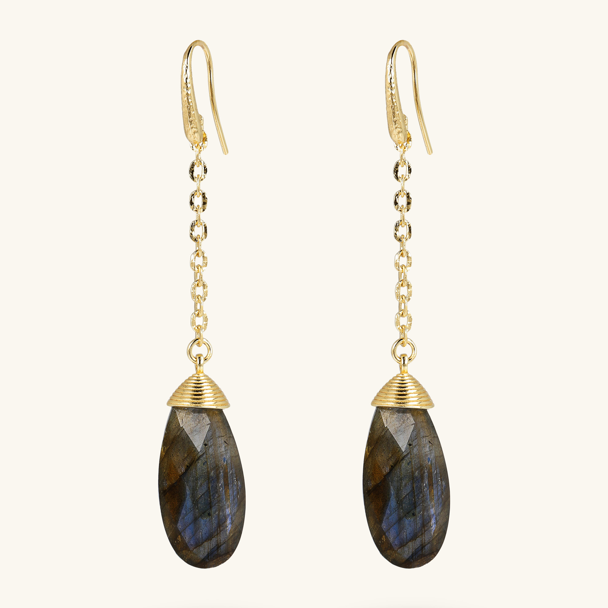 Orecchini Pendenti a Filo Catena Forzatina e Pendente Goccia in Pietra Naturale Labradorite