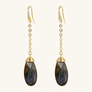 Orecchini Pendenti a Filo Catena Forzatina e Pendente Goccia in Pietra Naturale Labradorite