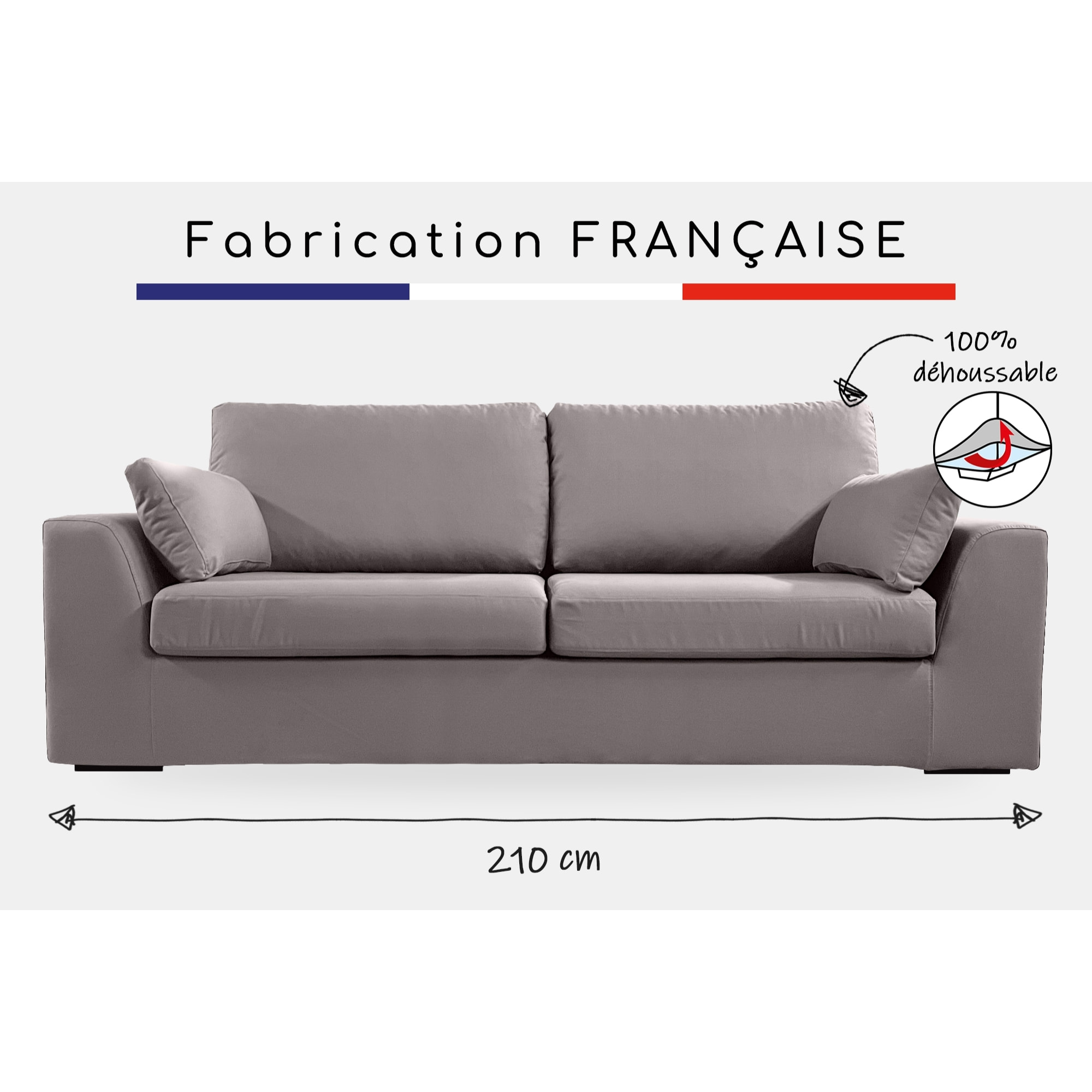 Canapé 4 pl TRESSIN 210 cm fixe tissu coton Gris Clair - 100% déhoussable - Fab. France