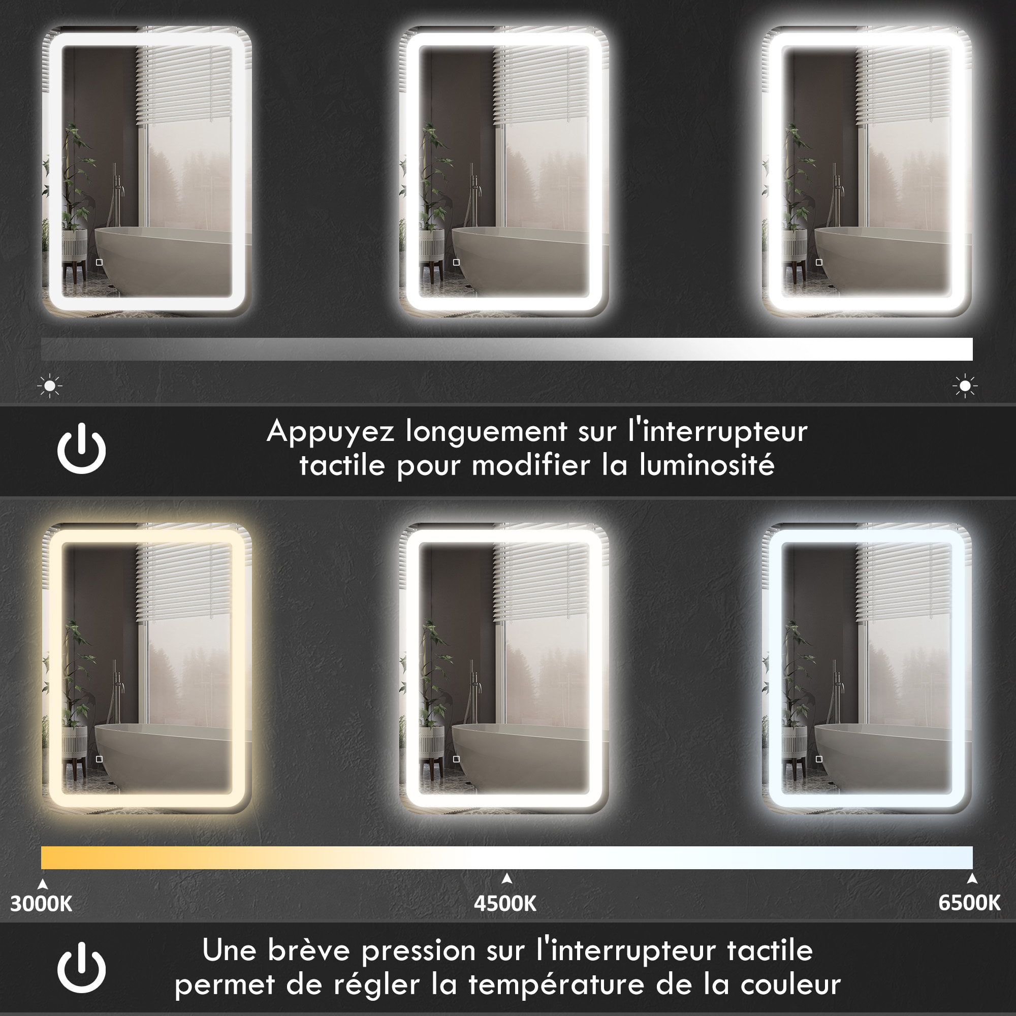 Miroir lumineux LED 35W antibué réglable interrupteur tactile dim. 50L x 4P x 70H cm