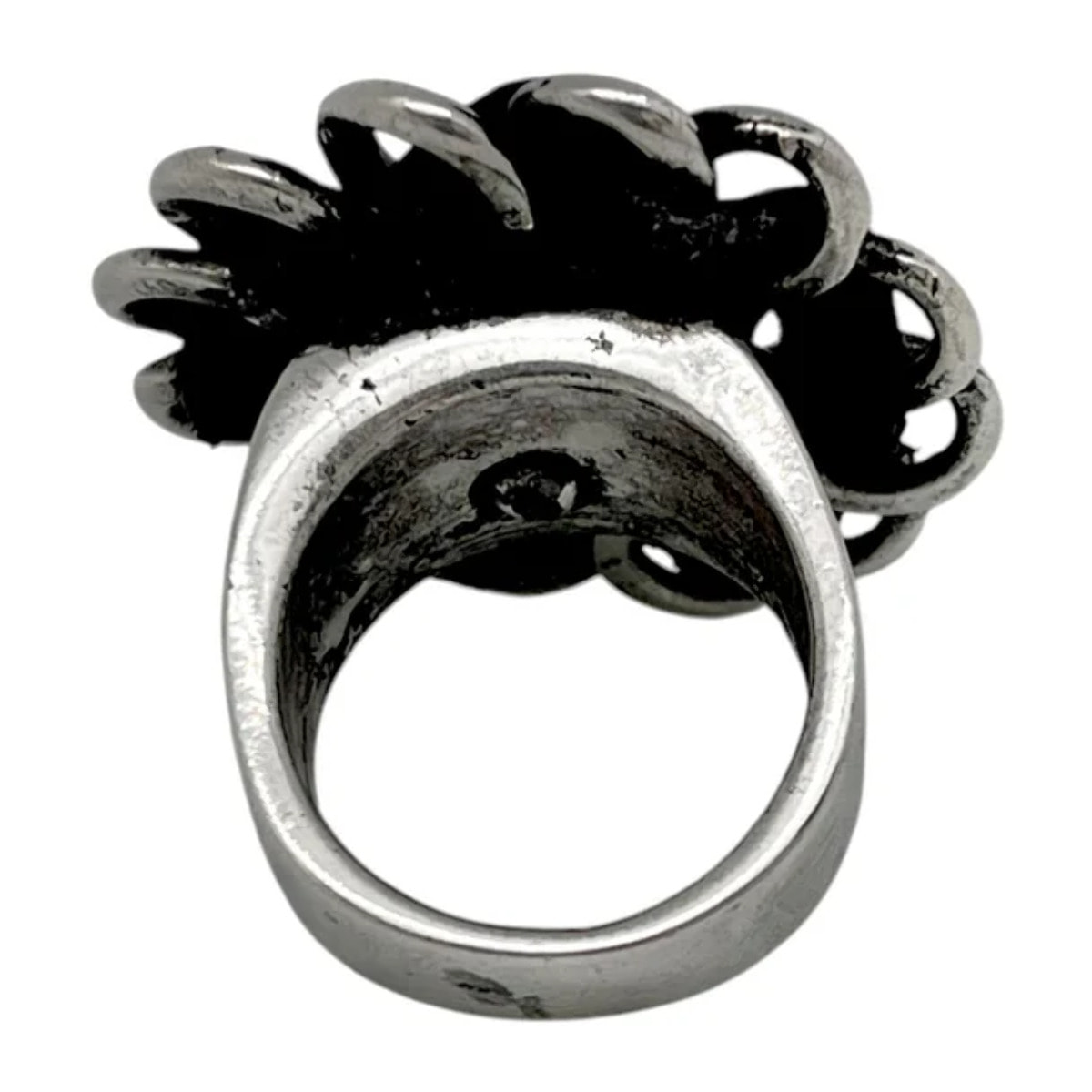 Anillo piel cosido flor negro en plata 10µ