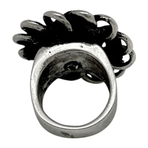 Anillo piel cosido flor negro en plata 10µ