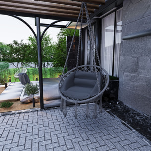 Poltrona Sospesa Pensile Da Giardino Con Corda In Cotone Effetto Macramè E Struttura In Acciaio Cuscino Sedia Dondolo Amaca Fino A 160 Kg Grigio