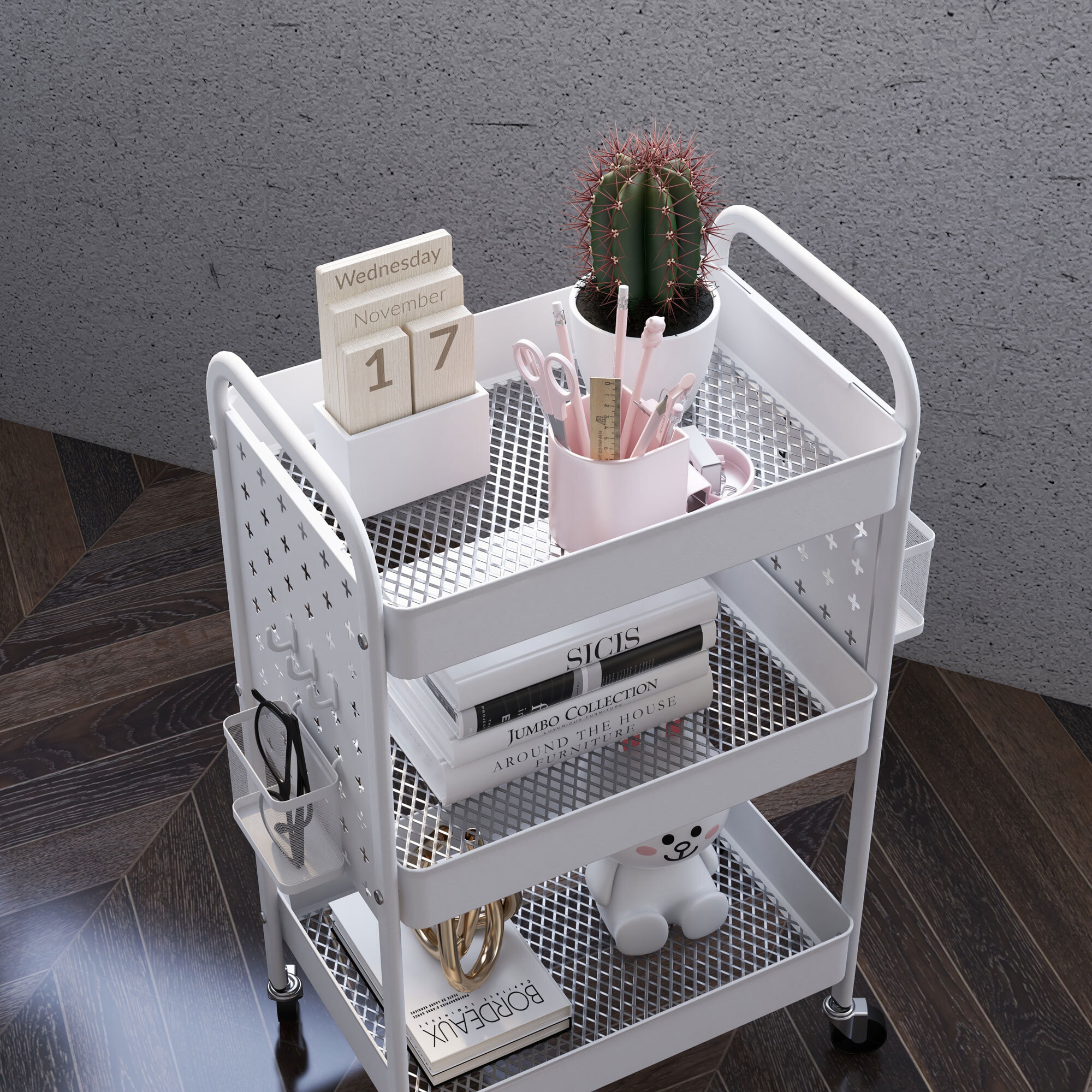 Carrito Auxiliar con Ruedas de Acero Carrito de Almacenamiento con 3 Cestas 2 Cajas Colgantes y 6 Ganchos para Salón Cocina Baño 53,5x30,5x75 cm Blanco