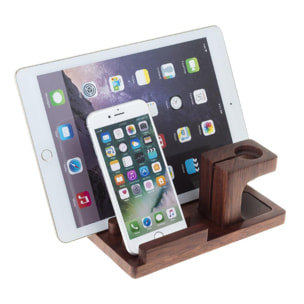 Supporto in legno per 3 smartphone, 3 penne e iWatch con base di ricarica.