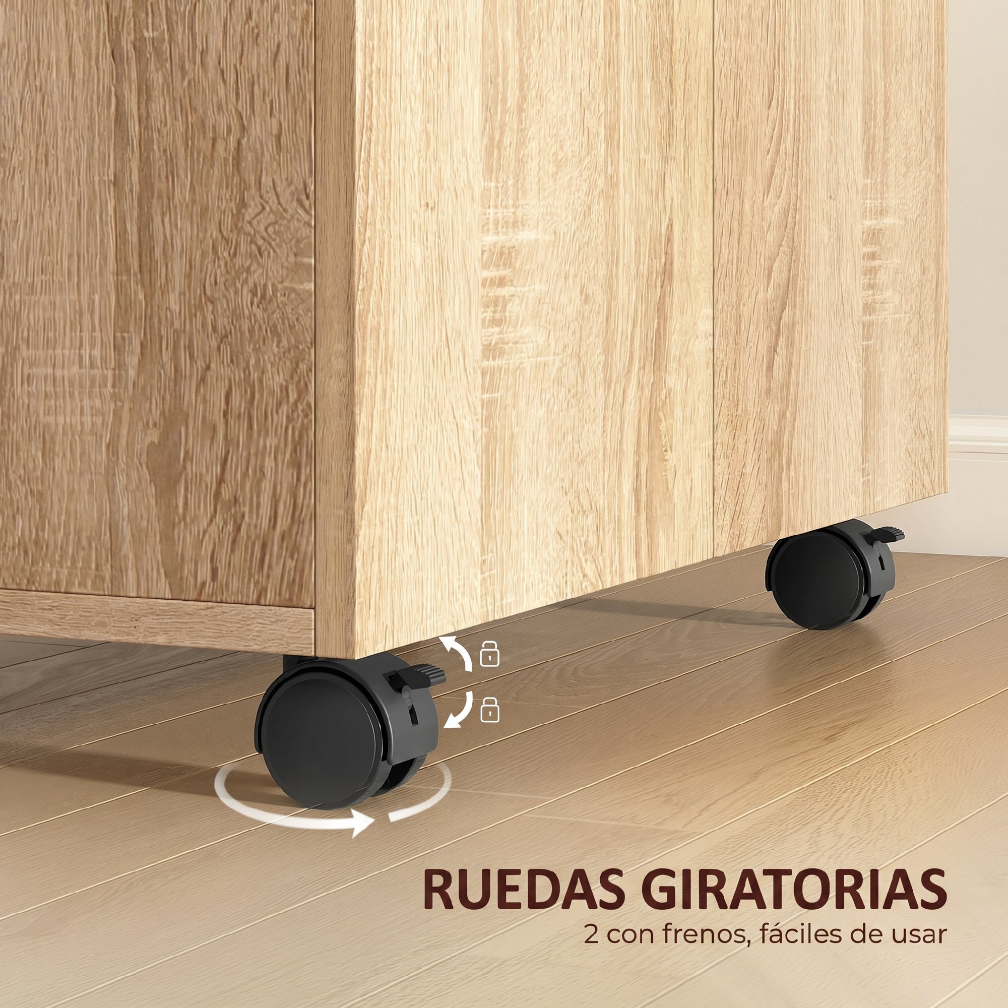 Aparador con Ruedas, Aparador de Salón con 2 Puertas y Estantes, para Sala de Estar, Dormitorio, Oficina, 60x35x65 cm, Natural
