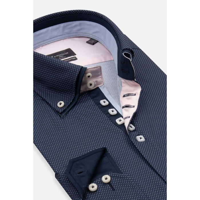 Camicia Uomo 2 Bottoni Button Down 7bottoni Doppio Coll Jacquard Fantasia Blu/Celeste