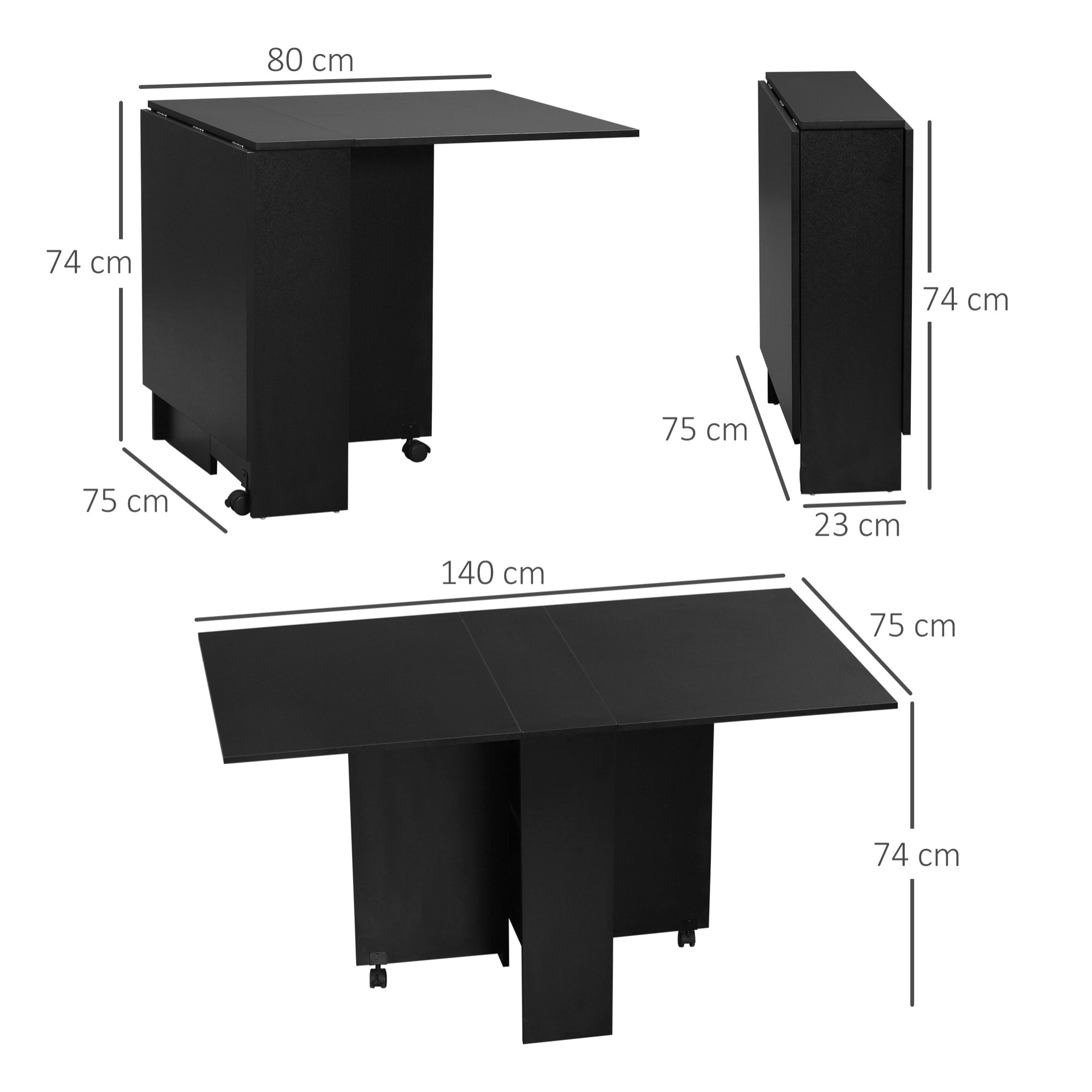 Table pliante sur roulettes 140L x 75l x 74H cm 2 étagères intégrées panneaux noir