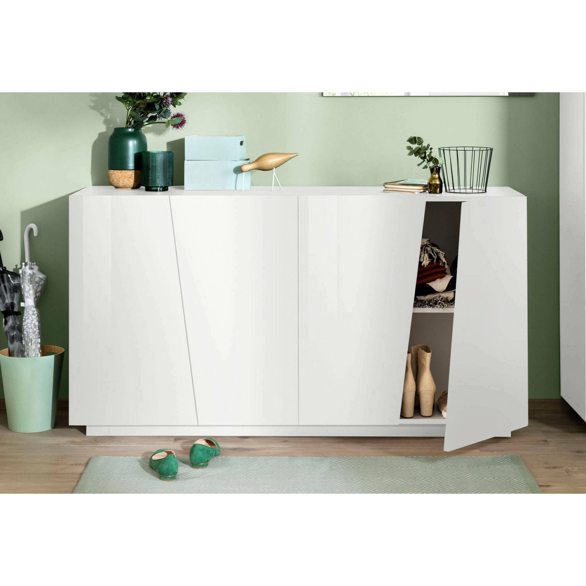 Credenza moderna a 4 ante, Made in Italy, Madia da cucina, Buffet di design da soggiorno, cm 159x43h86, colore Bianco lucido