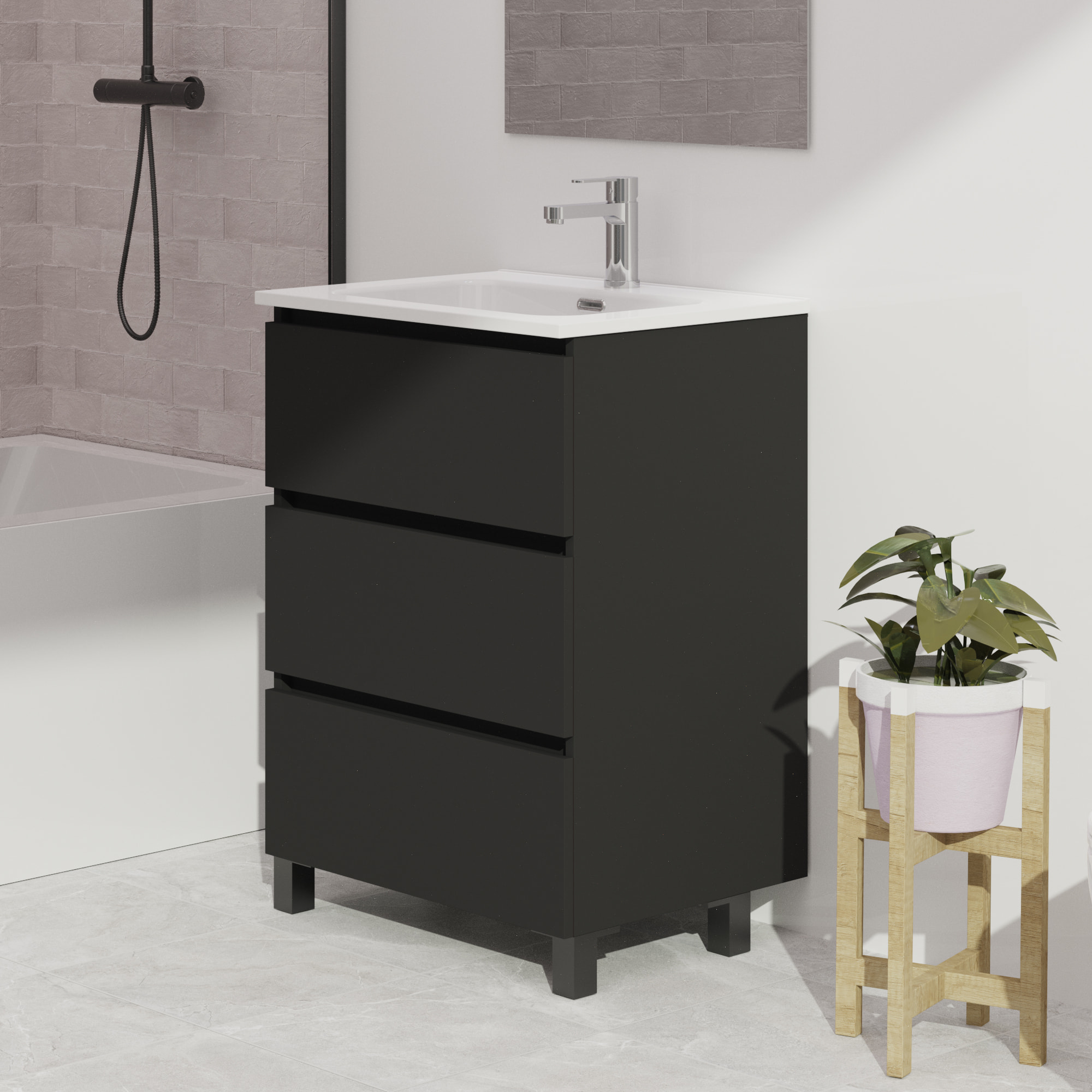 Conjunto de baño Wink | 60 cm Negro Mate | Tres cajones | Lavabo encastrado | No incluye espejo | Mueble montado | Alday