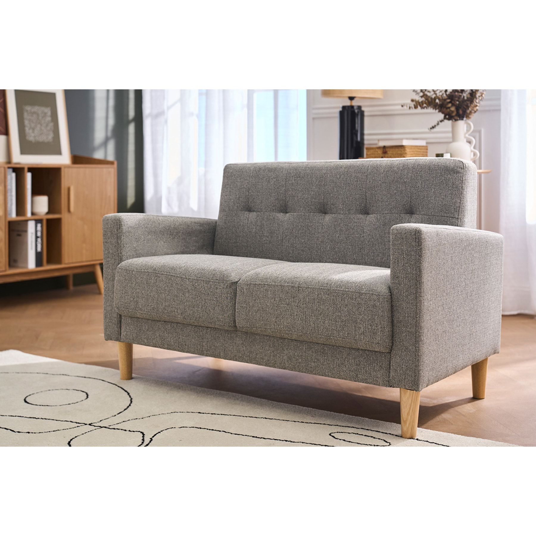 Canapé scandinave 2 places en tissu gris et bois clair MOON