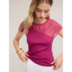 Motivi - T-shirt bimaterica con inserto drappeggiato - Fucsia