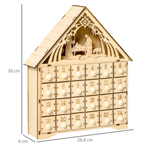 Calendario de Adviento de Madera con Luces Calendario de Navidad con 24 Cajas de Cuenta Regresiva Decoración Navideña para Rellenar 26,6x6x30 cm Natural