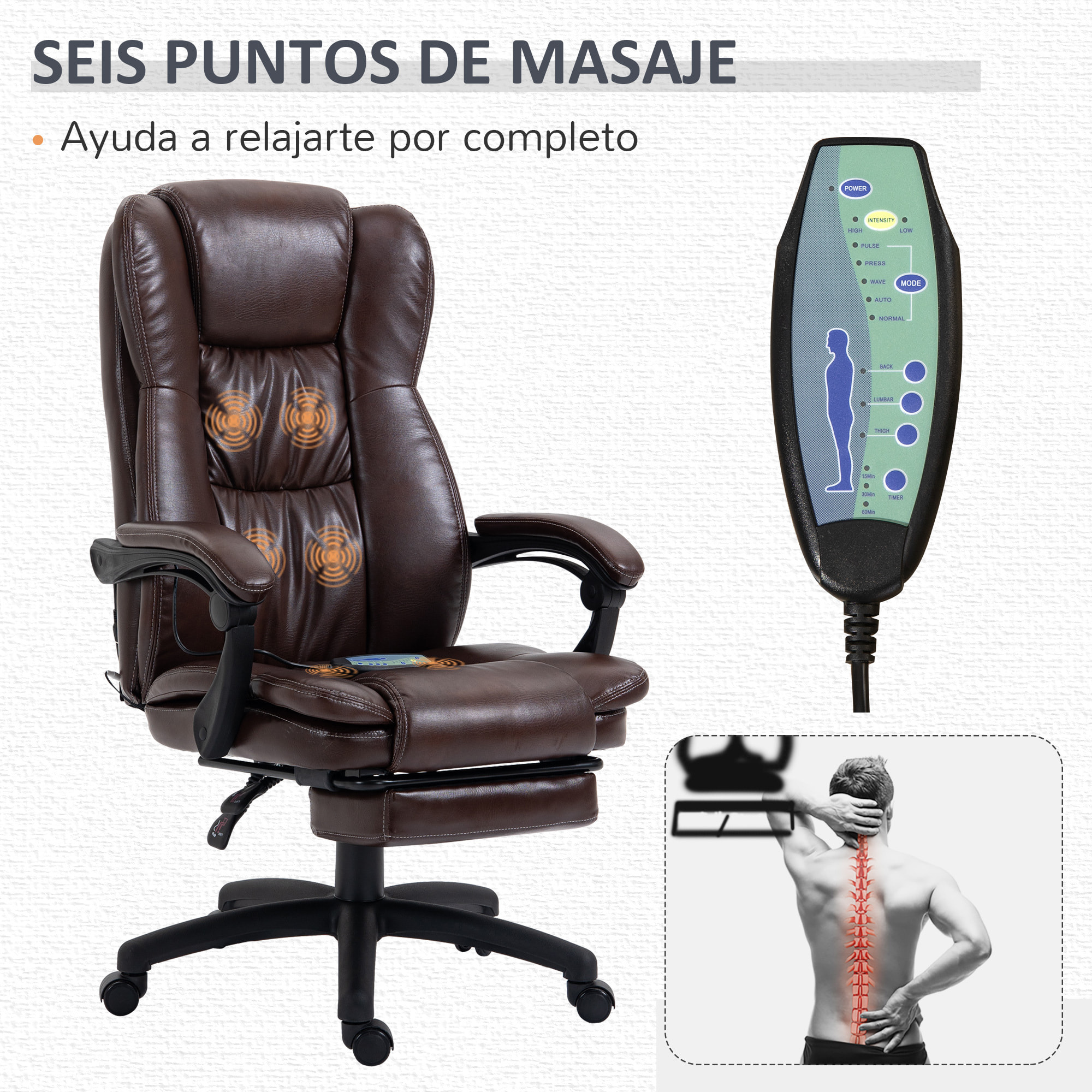 Silla de Masaje con 6 Puntos de Masaje Silla de Oficina Giratoria Silla de Despacho Reclinable con Altura Ajustable Reposapiés Retráctil y Control Remoto 68,5x68,5x113-121 cm Marrón