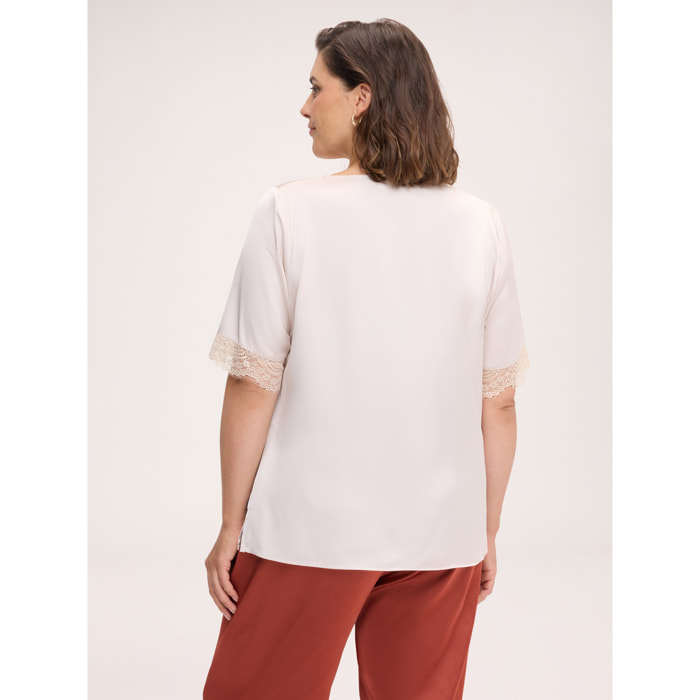 Fiorella Rubino - Blusa in raso con bordi in pizzo - Beige
