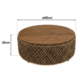 SIXTINE - Table basse ronde diam 100 rotin, plateau bois teck recyclé