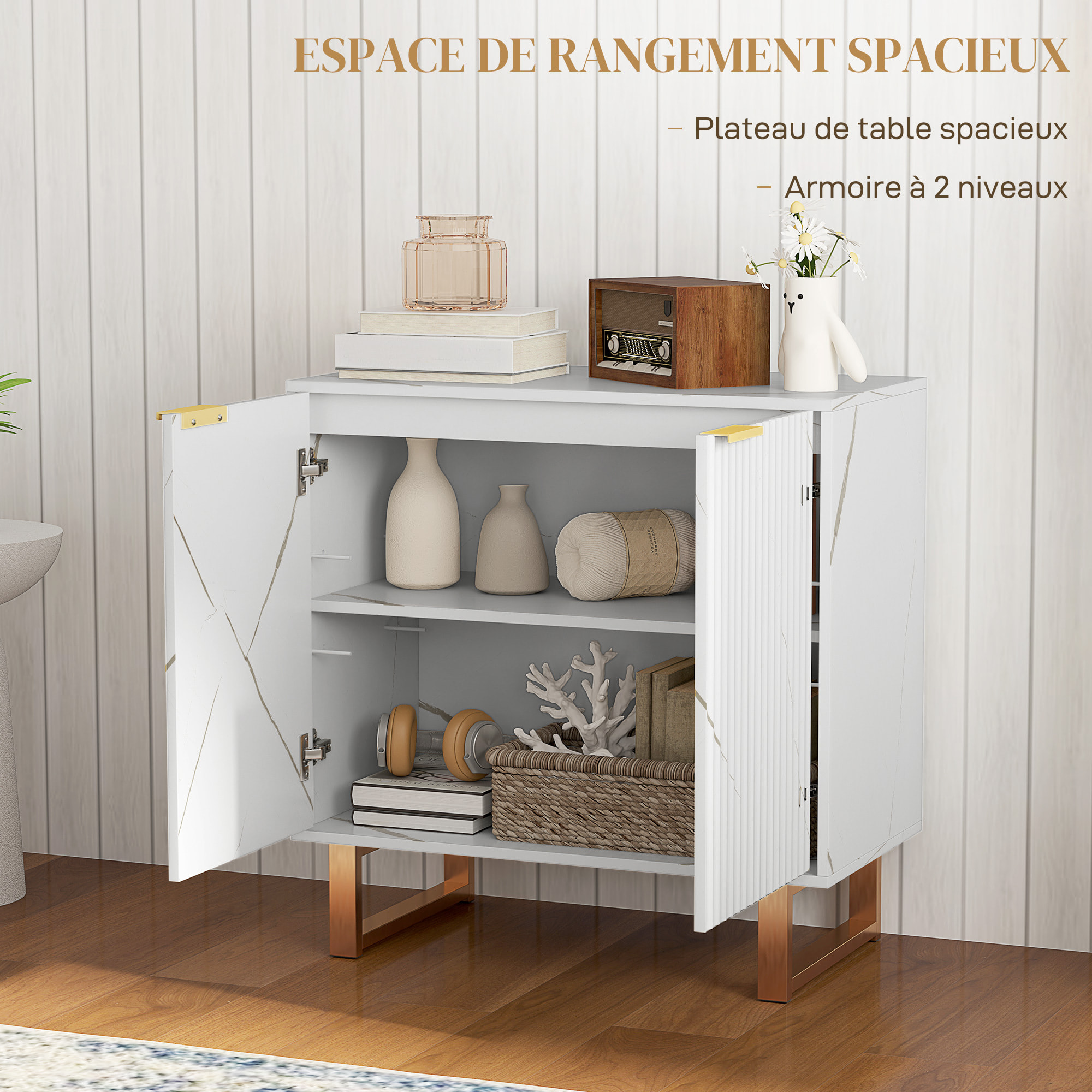 Buffet salon meuble de rangement style moderne avec placard à 2 portes, étagère réglable, pieds en métal - dim. 76,5 x 39 x 77 cm, blanc