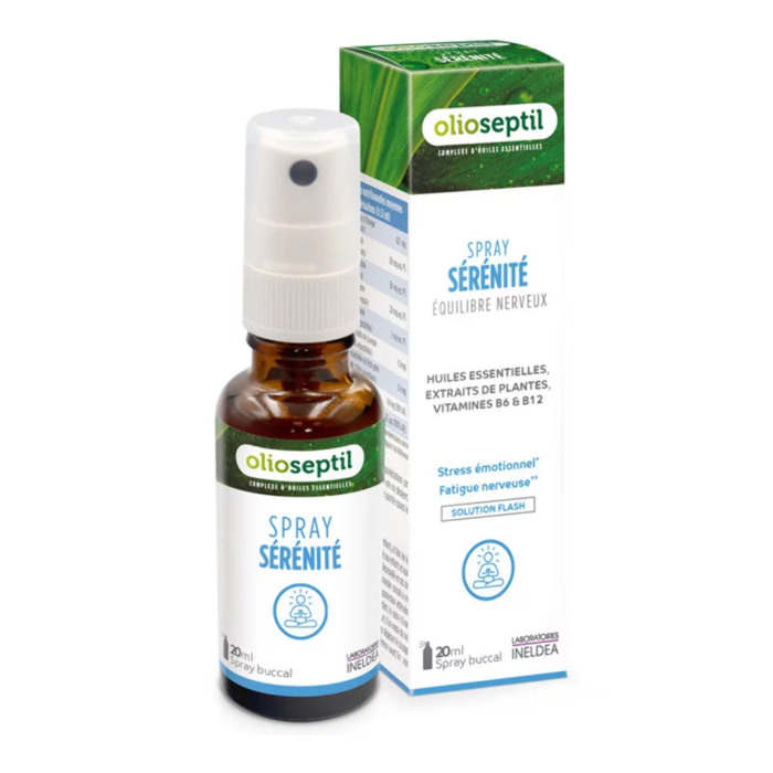 OLIOSEPTIL – Spray Sérénité – Complément alimentaire - Extraits de plantes, huiles essentielles & vitamines – Aide l'organisme à s'adapter à la fatigue nerveuse, stress émotionnel – Spray buccal 20ml