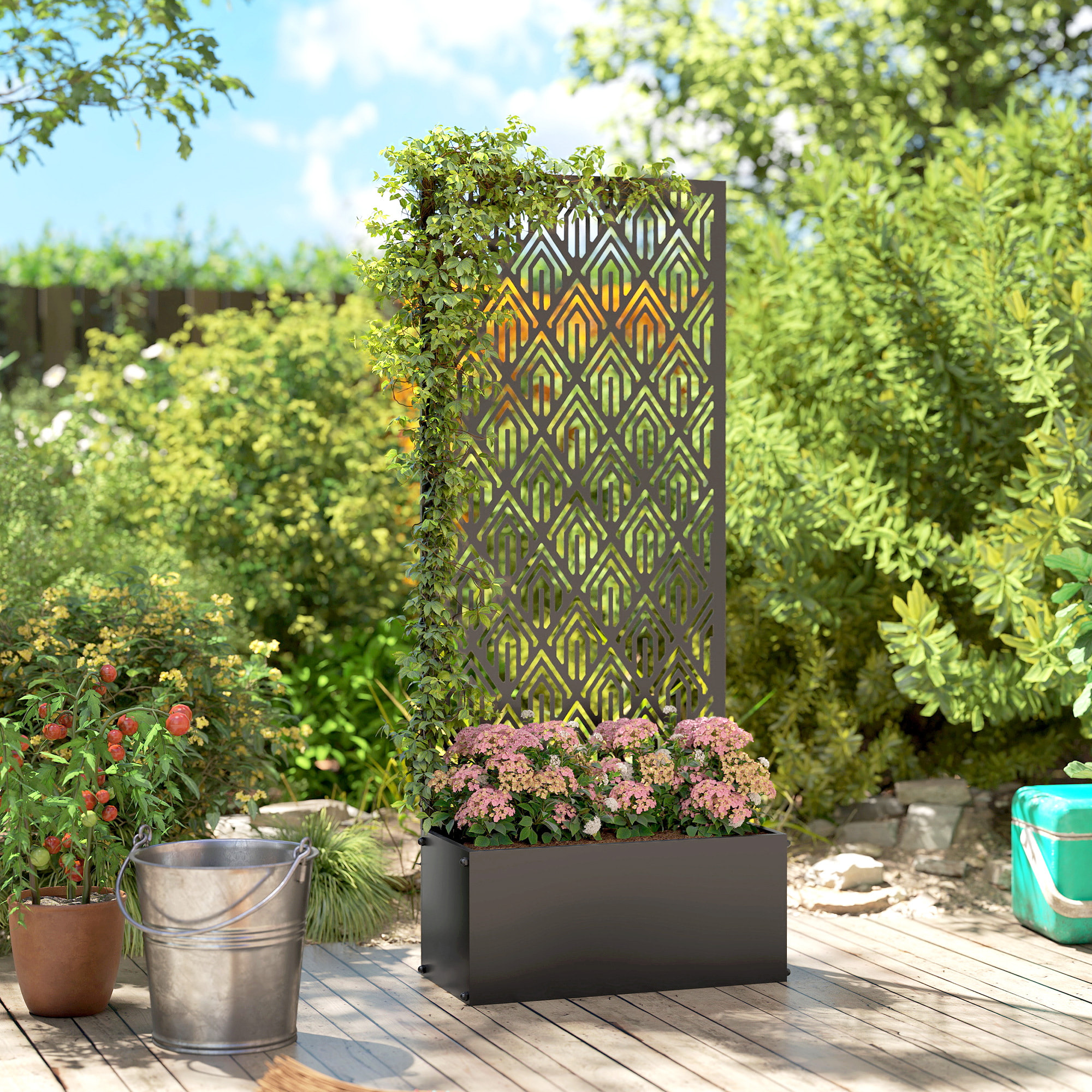 Jardinière avec treillis haut design graphique - jardinière métal époxy noir