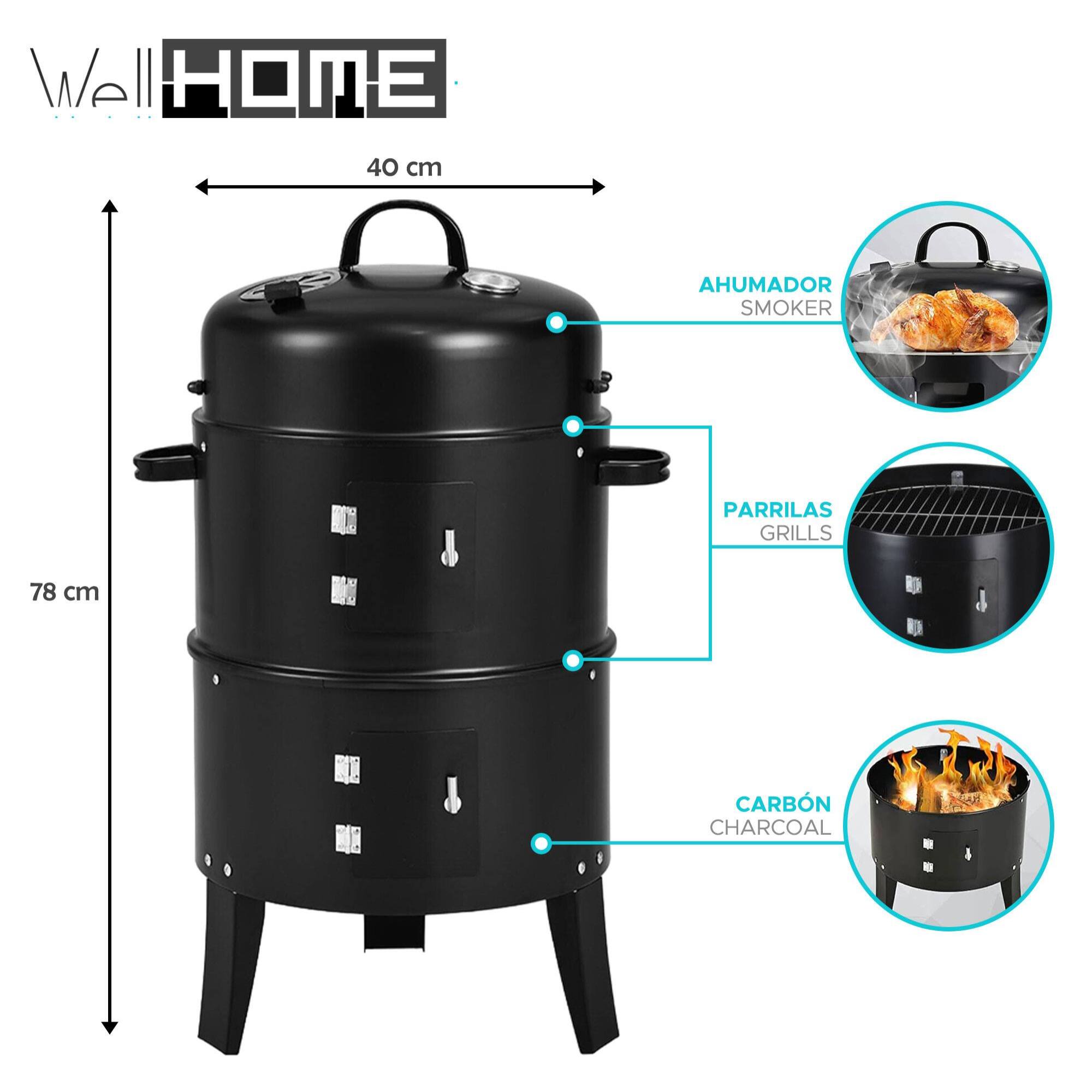 WELL HOME - Ahumador BBQ de Ø40x78cm con 2 parrillas y termómetro