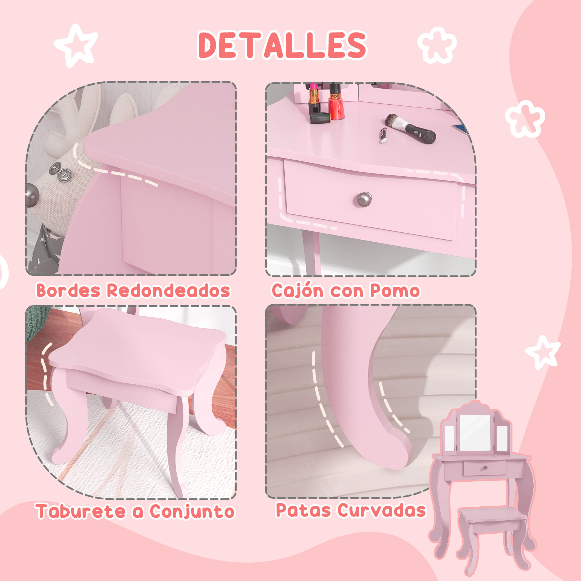 Tocador Infantil con Taburete y Espejo Ajustable, Tocador para Niñas con Cajón, Mesa de Maquillaje para Niños y Niñas de 3-6 Años, Rosa