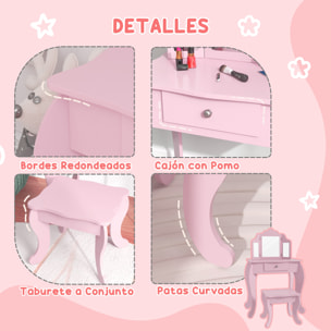 Tocador Infantil con Taburete y Espejo Ajustable, Tocador para Niñas con Cajón, Mesa de Maquillaje para Niños y Niñas de 3-6 Años, Rosa